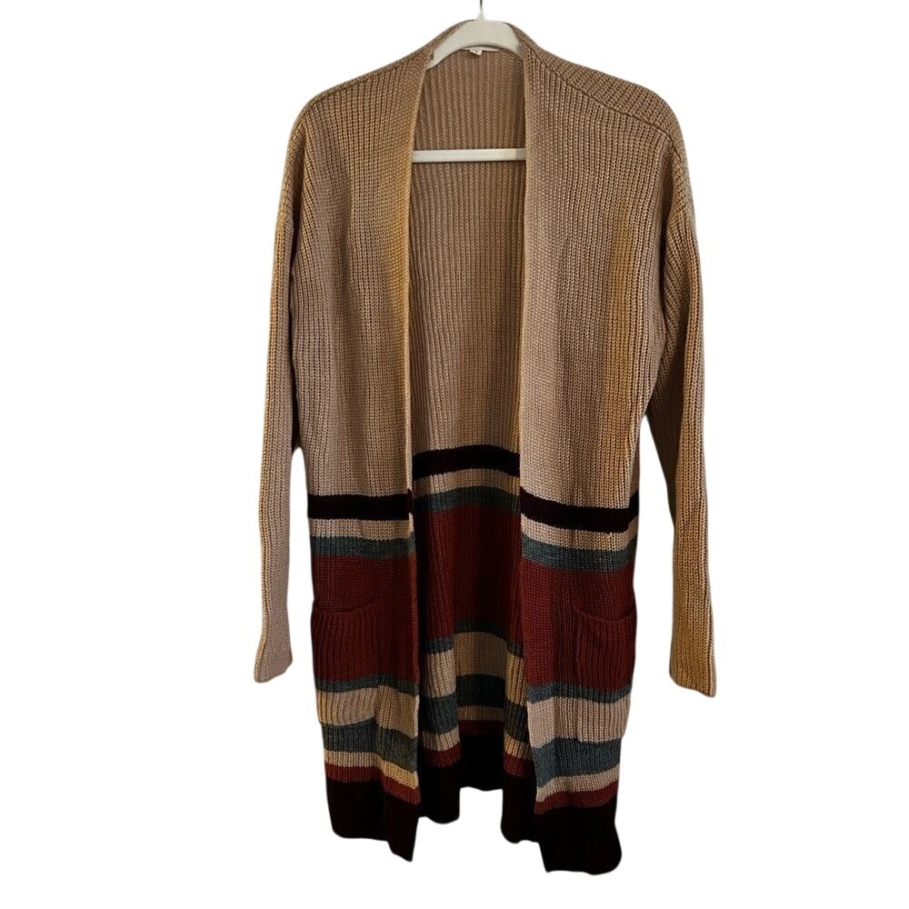 BeCool Women M Beige Colorblock Stripe Open Front Longline Cardigan Sweater Boho
